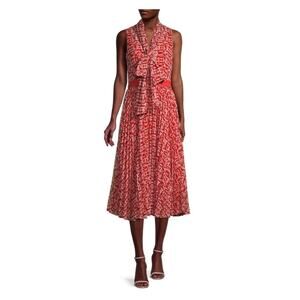 Toccin(NY) Pink&Orange Hibiscus Geotile Tie Neck Pleated Midi Dress Sz.4